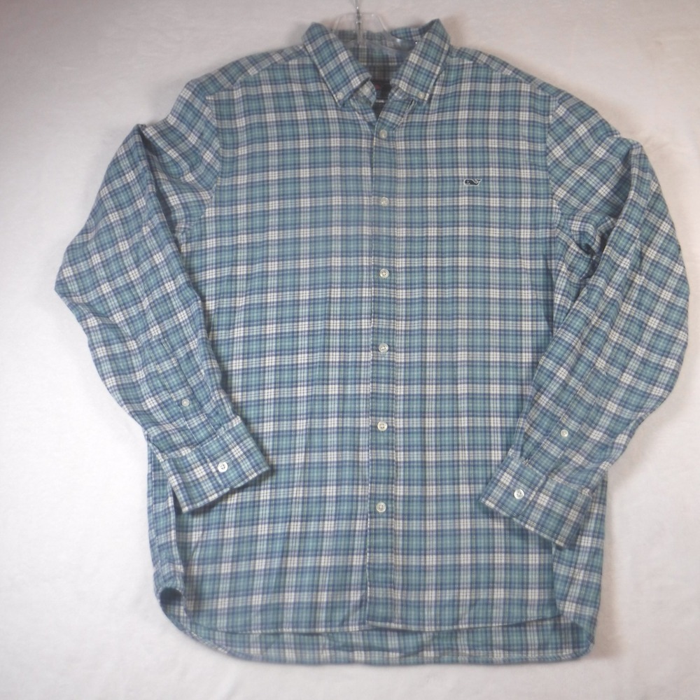 Vineyard Vines Classic Fit Whale Shirt Mens Flannel Blue Green Plaid Cotton  L